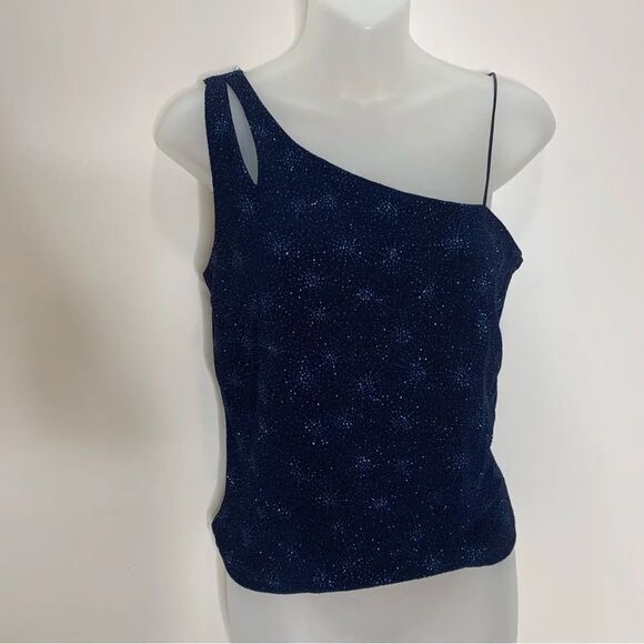 Y2K 2 Piece Skirt Top Formal Set Navy Blue Sparkle Stretch Top size 11 - Picture 2 of 11